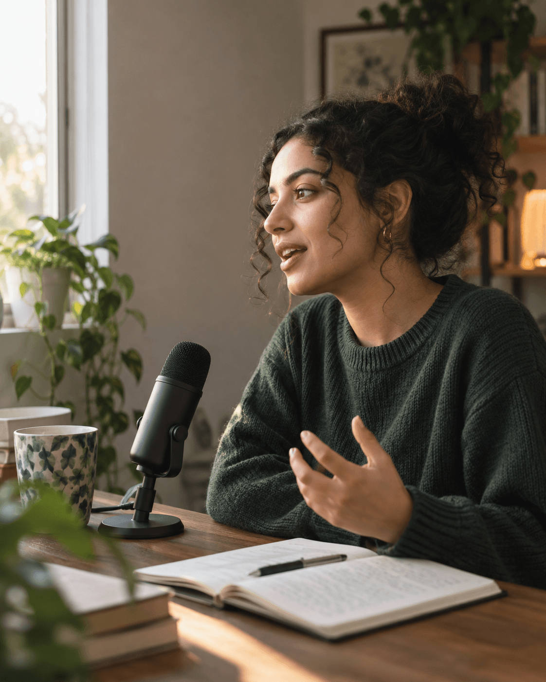 A learner speaking into a microphone during a private practice session